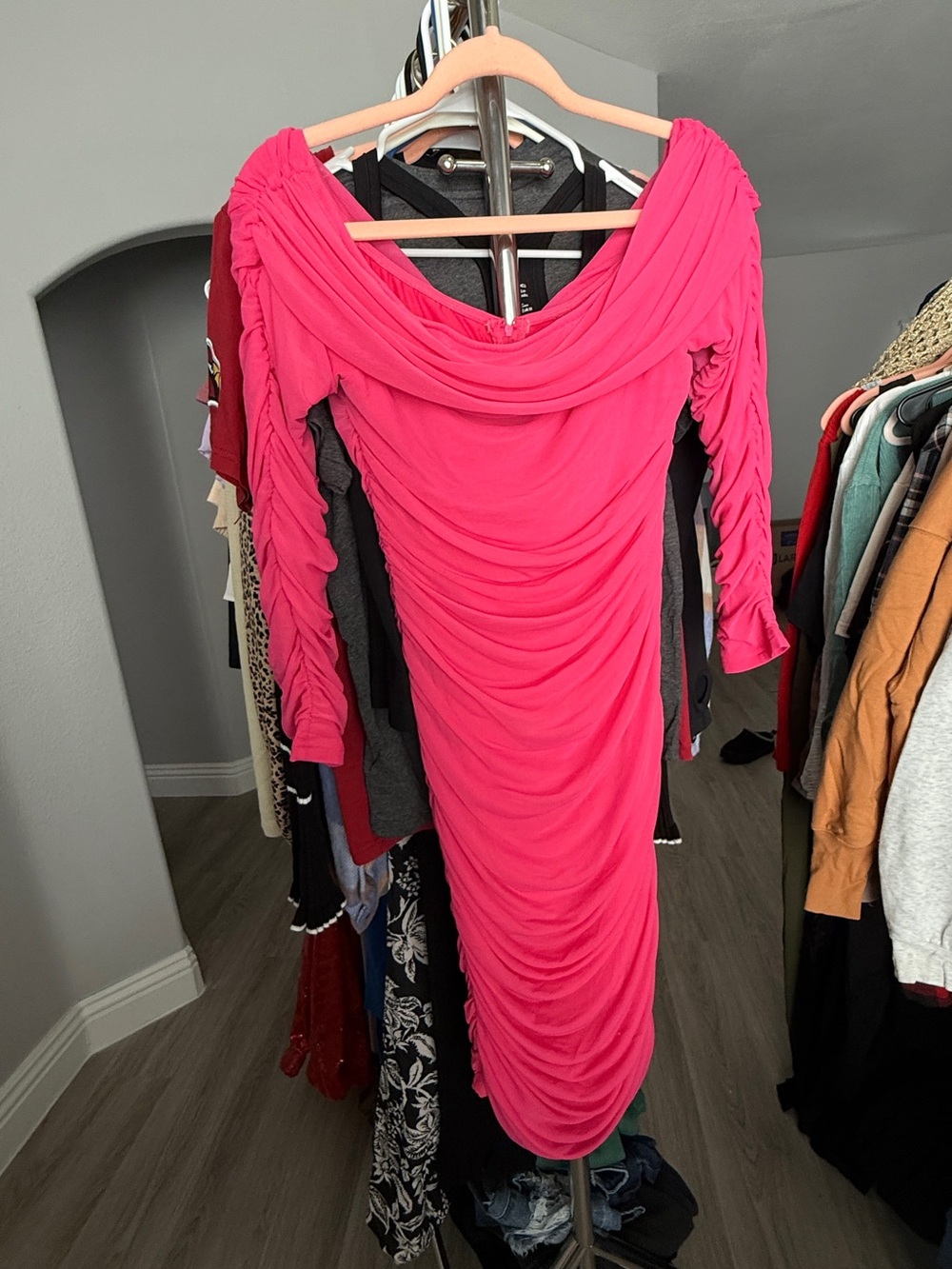Hot Pink Ruched Off-Shoulder Midi Dress